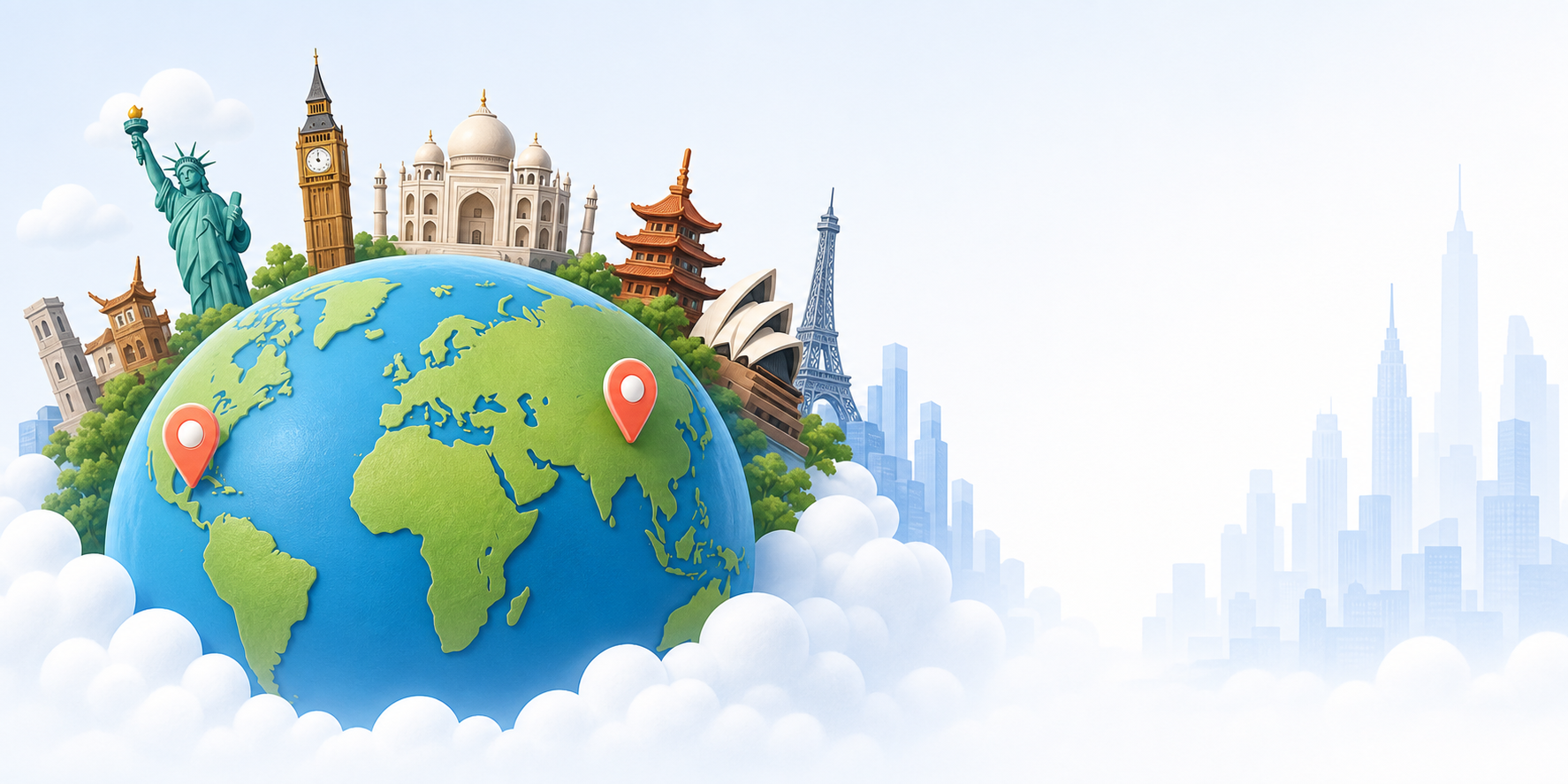 A globe surrounded by famous landmarks from around the world