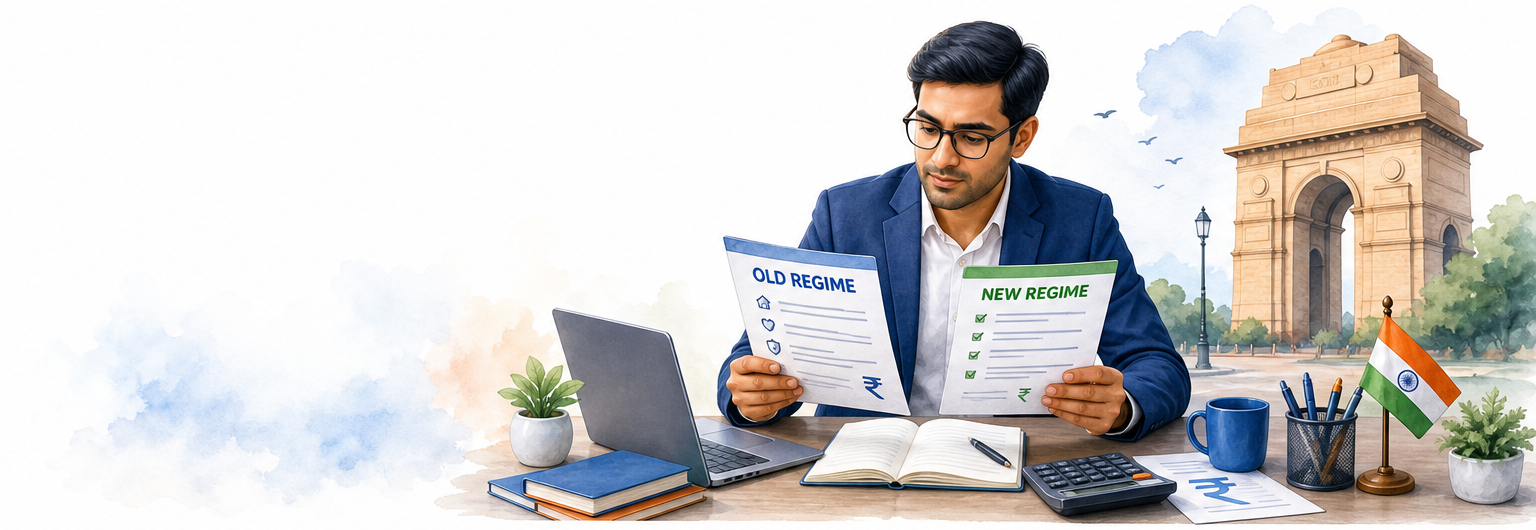 Indian taxpayer comparing old and new tax regime documents near India Gate